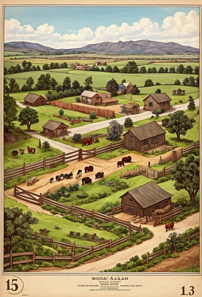 Small town landscape and dirt road with a wooden gate and some oxen, a horse with a horse also mounted