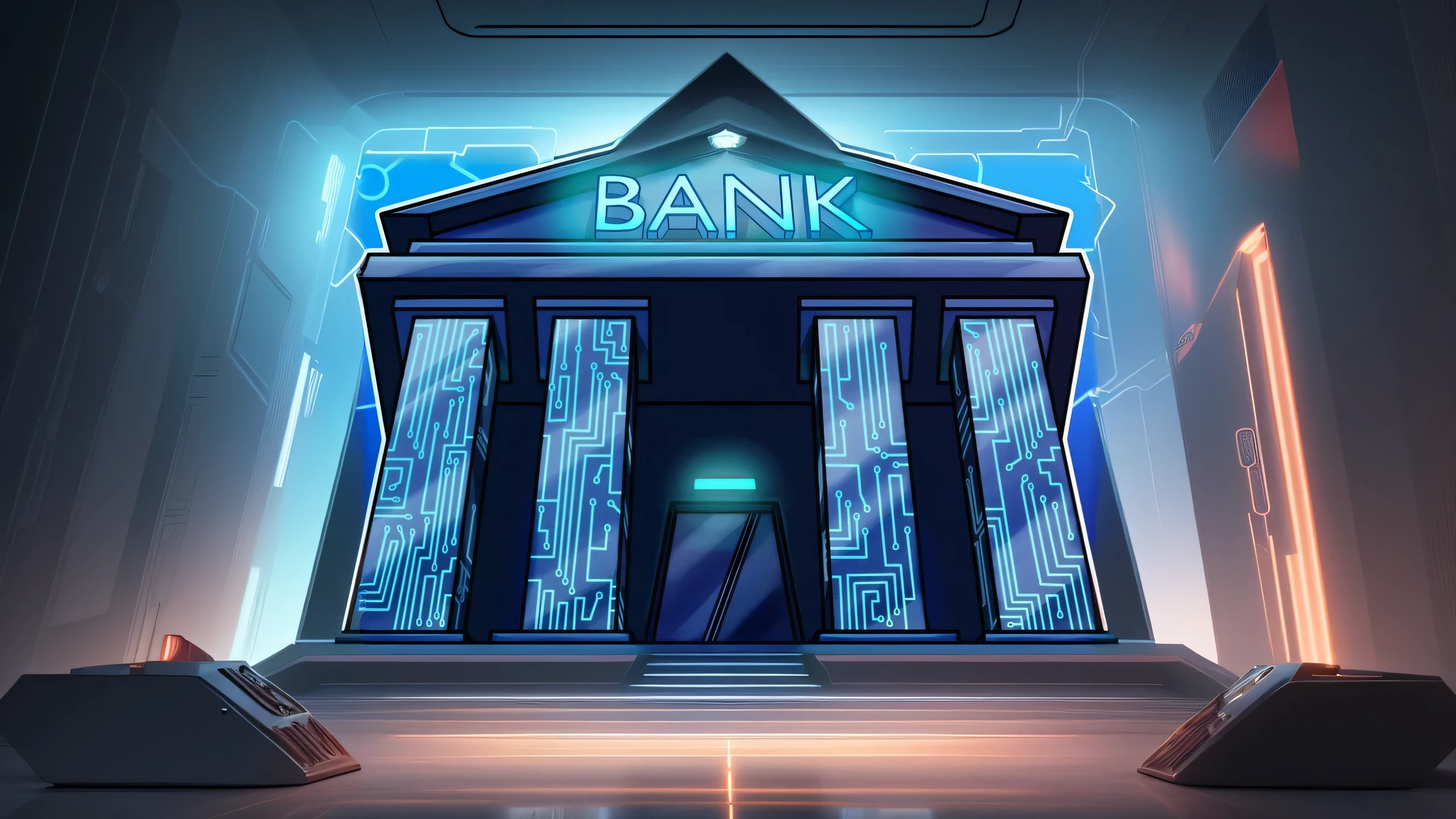 a futuristic bank, intricate futuristic architecture, sleek metallic surfaces, advanced technology, clean lines, minimalist design, abstract shapes, neon lights, glowing panels, holographic displays, levitating objects, glass and steel construction, futuristic urban landscape, cinematic lighting, vibrant color palette, dramatic shadows, smooth reflective floors, high-tech security systems, advanced AI assistants