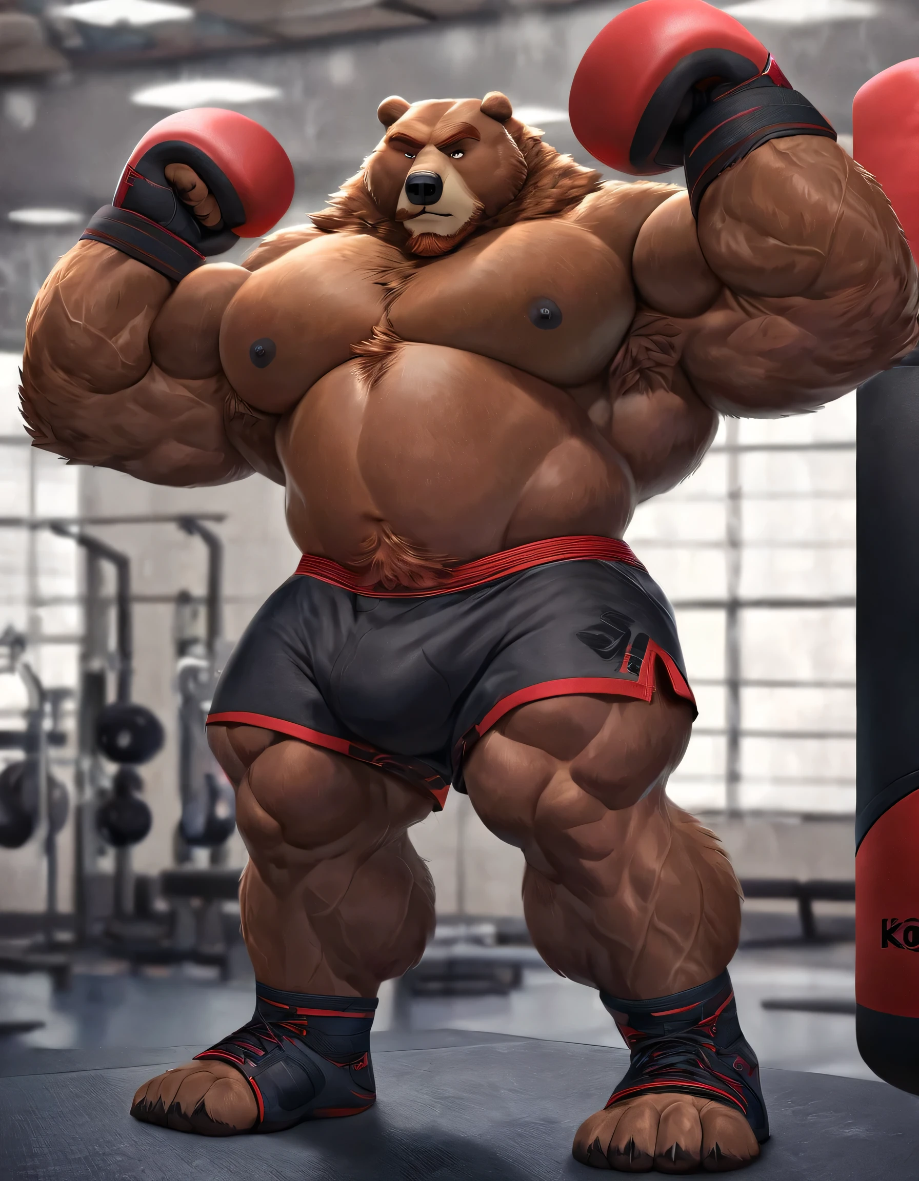 huge muscular kodiak brown bear in big gym fitness center, big grunting, kodiak bear, huge brown fur, thick arms, huge arms, big paws, veins all over arms and chests, bald, big brown mustache and beard, (muscular, pectoral, wide pectoral, thick arms), HEIGHT: 220CM, WEIGHT: 320KG, gym sets, workout equipments, ring, punching bag, realistic, 8k, masterpiece, added cinnamon colored eyebrows, deatiled eyes with red pupils, (wearing black mixed martial arts shorts with red slits, black mixed martial art fingerless gloves with red pads, black toeless footwear tapes, shirtless and topless), punching and kicking techniques,