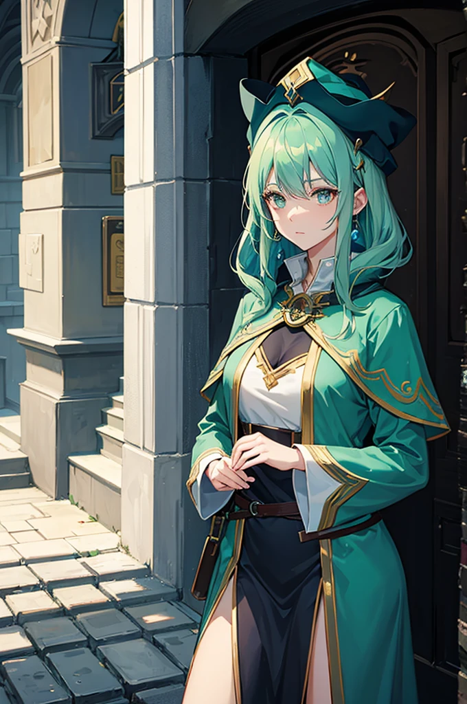 woman mage, light dark green blue hair, mage style, mage clothes, mage hat