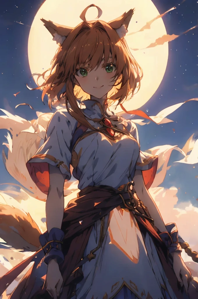 master piece, Best Quality, A high resolution, top-quality, Anime style, The best lighting, Beautiful face, kinomoto sakura, 1woman, tall, 30 years old, large breasts, light brown hair, Short hair, Antenna Hair, Green eyes, frills, dynamic angle, wolf ears and tail, in front of a full moon, clear night sky, white dress, confident smile, backlit by the moonlight, vibrant colors