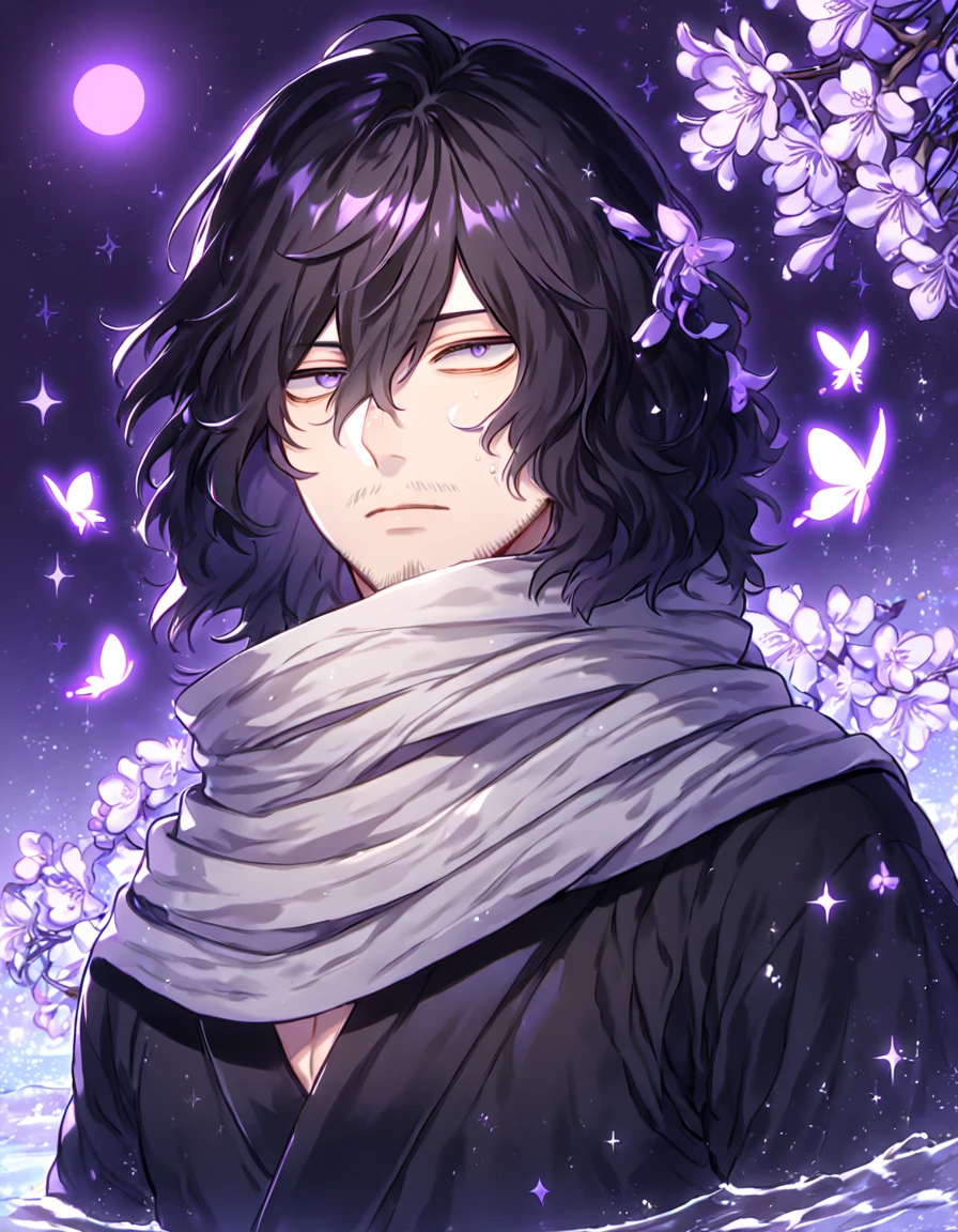 absurdres, highres, ultra detailed, HDR, master piece, best quality, Eraser Head, black hair, medium hair, faint beard, expressive gray eyes, Boku No Hero Academia, solo, sexy man, handsome, sensual, gray scarf, black clothes, water, fantasy, magical, shining, purple flowers, blossoms, purple petals, purple butterflies, sparkling, purple moon, starry sky