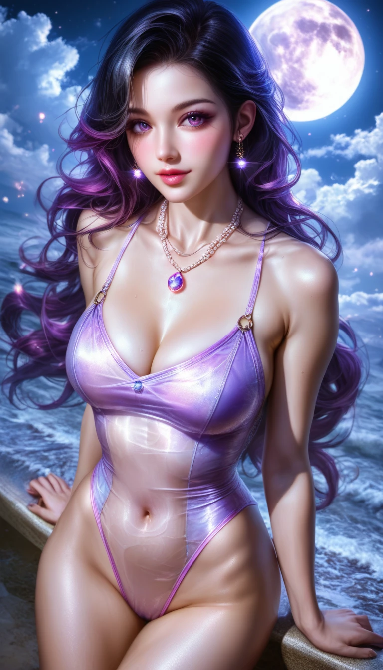 score_9, score_8_superior, score_7_superior, A masterpiece in 32K resolution,Highest quality,it is really amazing,Very detailed,Ultra-high resolution,(Ultra-realistic:1.5),(Realistic:1.5),Increased depth of field,Cinematic lighting,
Elegant adult Japanese woman,
Long black hair,Ultra-detailed and beautiful face,(Gentle expression:1.1),Translucent white skin,(Realistic skin texture:1.1),
( Swimwear:1.1),
Bold design,Artistic design,Beautiful and detailed pattern,Detailed fabric texture,
Gorgeous necklace,Earrings,
Coastline at night,(Giant Moon:1.1),(Dark clouds floating in the dark night sky:1.1),
High angle,