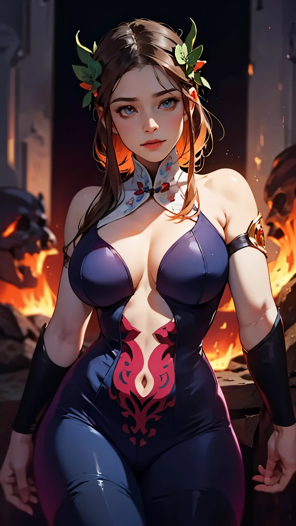 Woman body set large breasts(best quality, highres, ice skull:1.1), A girl with a body made of lava, featuring a Dracula Orchid pattern. (best quality, ultra-detailed), (realistic), vibrant colors, intense lighting, lava-like texture, hauntingly beautiful composition, surreal atmosphere, contrasting dark shadows, mesmerizing glow, detailed facial features, flowing lava tendrils, fiery eyes, ethereal presence, intricate floral patterns, mysterious aura."