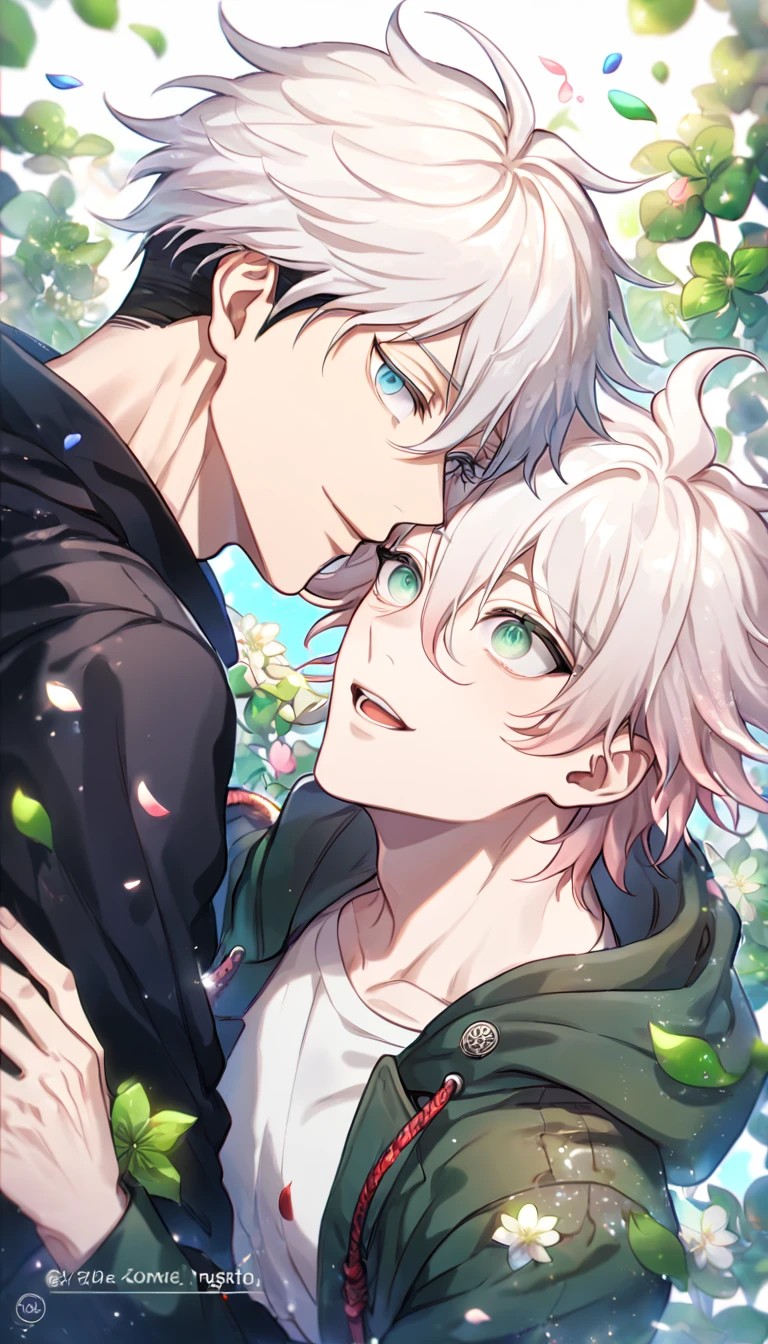 Ultra detailed, HDR, Highres, absurdres, master piece, Gojou Satoru, white hair with bangs, white eyelashes, expressive blue eyes, black coat, Jujutsu Kaisen, Komaeda Nagito, white hair, light gray-green eyes, two sexy men together, yaoi, gay couple, green coat with hoodie, white shirt, Danganronpa, handsome, flowers, petals, fantasy, magical, green leaves, summer, handsome, best quality, glittering, manly men,