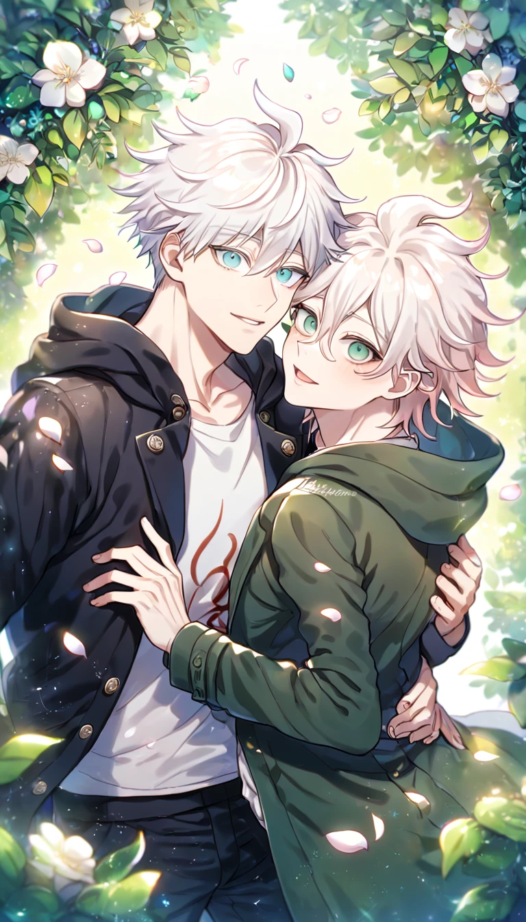 Ultra detailed, HDR, Highres, absurdres, master piece, Gojou Satoru, white hair with bangs, white eyelashes, expressive blue eyes, black coat, Jujutsu Kaisen, Komaeda Nagito, white hair, light gray-green eyes, two sexy men together, yaoi, gay couple, green coat with hoodie, white shirt, Danganronpa, handsome, flowers, petals, fantasy, magical, green leaves, summer, handsome, best quality, glittering, manly men,
