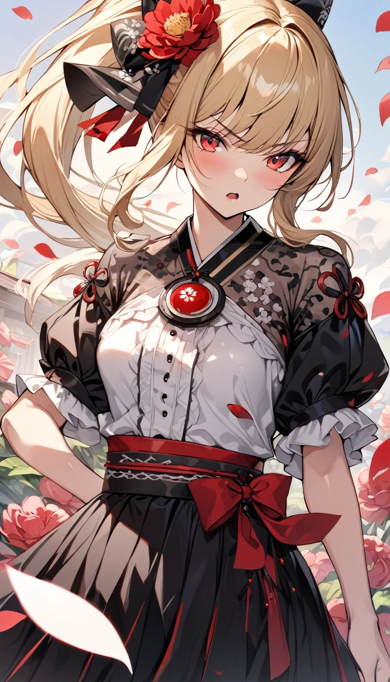 (masterpiece)、(absurdres)、(ultra detailed)、(8k)、BREAK,(Kimono-style flower blouse)、(black long-skirt)、round-pendant,BREAK,(solo girl)、(blonde hair:1.0)、(shiny red eyes:1.1)、(highponytail:0.9)、(a little red libbon:0.8)、(long hair:0.7)、((middle breast:0.6)),(Serious),(open mouth)、model、cowboy shot,A lot of petals in the air、garden、