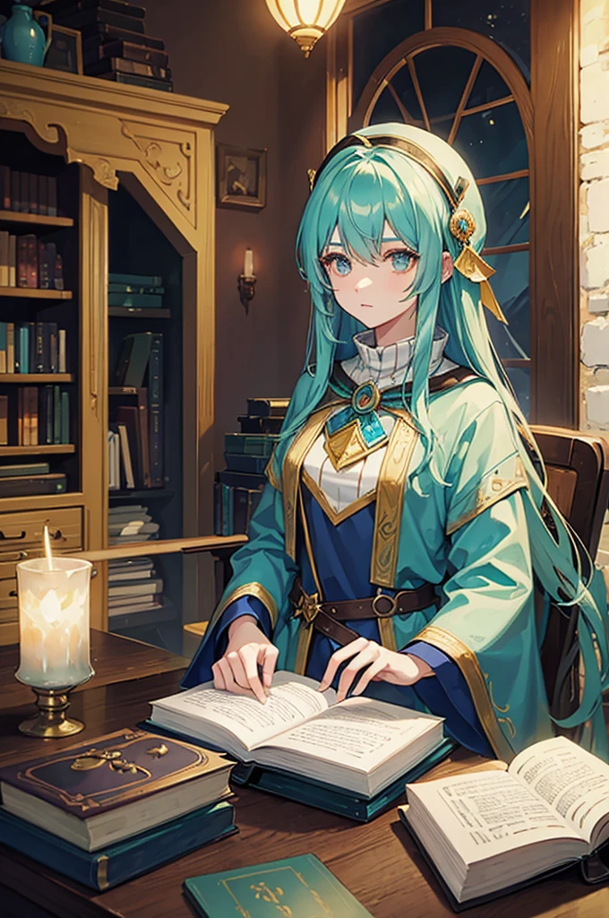 woman mage, light dark green blue hair, mage style, mage clothes, mage hat. mage book