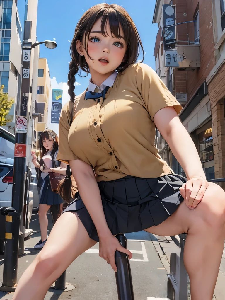 A woman, Drooping eyes, Eye size, Pleated Skirt, (Round Face), Sitting astride a pipe on the ground，Hit her crotch hard, Open your legs, On the streets of the city center, From the angle from below, Weaving, 