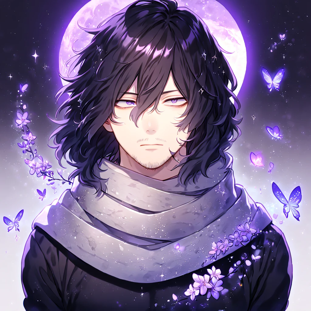 absurdres, highres, ultra detailed, HDR, master piece, best quality, Eraser Head, black hair, medium hair, faint beard, expressive gray eyes, Boku No Hero Academia, solo, sexy man, handsome, sensual, gray scarf, black clothes, water, fantasy, magical, shining, purple flowers, blossoms, purple petals, purple butterflies, sparkling, purple moon, starry sky