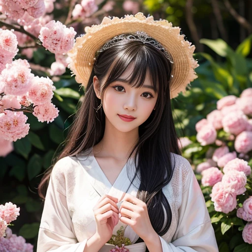 best quality, Delicate face，beautiful visual work, lifelike, eternity, black hair, Long curly hair, blunt bangs, Smile, 在flower园里, flower, Detailed Background, Delicate face，pink blush，cold，((masterpiece))、(top quality)、8k、high detail、Super detailed，21 years old female，Wearing Hanfu、Seductive and whimsical style、masterpiece、born、Scenes resembling fairy tale illustrations、intricate details和複雜的設計、Beautifully、magic、capricious、 Beautifully、Dream aesthetics、「𝓡𝓸𝓶𝓪𝓷𝓽𝓲𝓬、ethereal、charming、fickle、magic」、realism、Visual effects、FXAA、SSAO、Shader、voiceless、ambient lighting、Tone mapping、High resolution、Ultra high quality、Million pixels、(8K resolution:1.10)、8k、8k以下、8K resolution、high detail、intricate details， (high quality:1.2、masterpiece:1.2、:1.21)、(21 years old female:1.21)、(興奮地Smile)、(Surrounded by a dreamy atmosphere、Model diagram，full-body shot，Normal 2 feet，Don't show your fingers，Japanese folding fan held open in front of chest