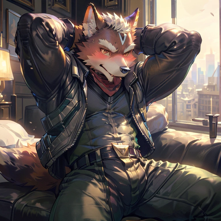 2d, masterpiece, Best Quality, 4k, 8k, ultra high resolution, photo and gross and hdr, sharp focus, photographic realism, real life like, detailed background, umbreon antro,(fox mcclouud), male, muscular,(Sitting on the bed), (wear police clothes, full length latex jacket,leverage,big lump,blush,mischievous expression,(arms behind head), (both arms behind head), (big pink nipples), in love, Muscular male, tongue out, sweat, in a sofa, detailed background, anything,Perfect red eyes, (by null ghost, por thebigslick, by Darkgem, would chase)