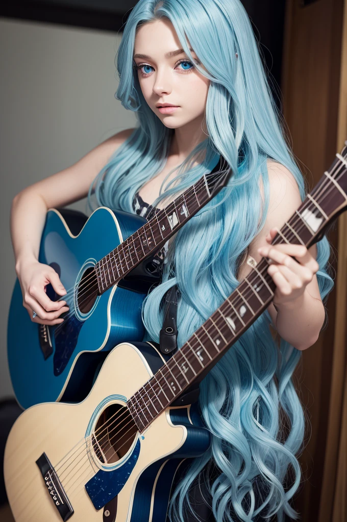 Super Long Hair, wavy, blue with blonde highlights, blue colored eyes, long eyelashes, a beautiful guitar body