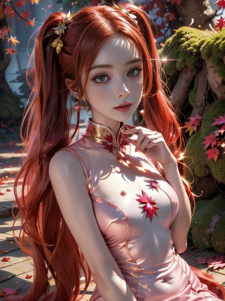 ((RAW photo), absurdities, (absurdresolution)), masterpiece, best quality, (Extremely detailed 8k unity CG wallpaper), (best illustration), (best shadow), absurdities, Realistic lighting, beautiful detailed glow, 21 years old, ((The face of the most beautiful young girl)), the most beautiful face ever created, very pretty, young girl with bright emerald eyes, seductive look, ultra-detailed pupil, captivating, clean, perfect, (red hair, loose sideburns, pigtails, golden highlights, golden flowers), (((Background: moss, pink and red leaves, luminous diamonds)))