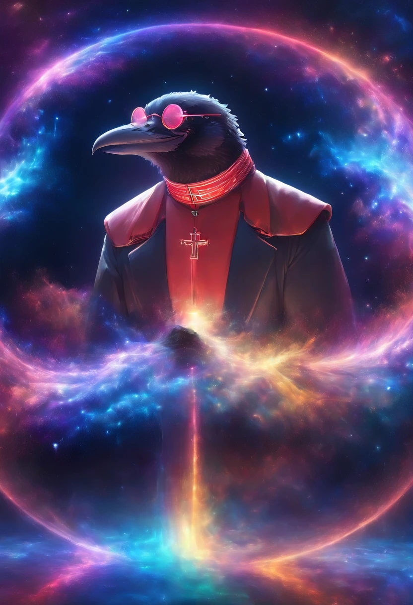 masterpiece,epic,corvid, smiling in a sadistic and disturbing way, priest's suit with red stripes, red vest under the trench coat, round red glasses, background of vapor waves,the universe in hands.