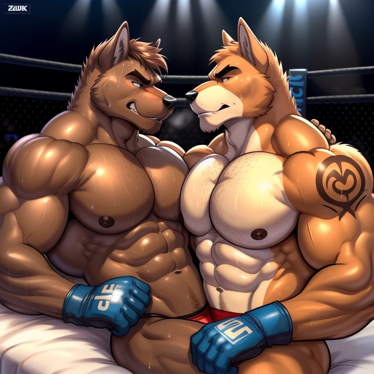 Duo male(Brown Dog vs Brown Wolf, handsomes, handsome hairstyle, Thick eyebrows, detailed face), gay(Lying down, cuddling embraced, body with body, face to face, on a bed match), hot(Shirtless), handsomes(They are handsomes, correct anatomy), musculosos(Big muscle bodies, Six packs, muscle abs, big pecs), sweaty(very sweaty wet bodies, shiny sweat), tatuajes(they have tattoos), grumpy(Both have an grumpy expression, grumpy teeths, steaming breath), UFC gloves(They both are wearing UFC gloves), Hight resolution, by(Zourik:1.1)