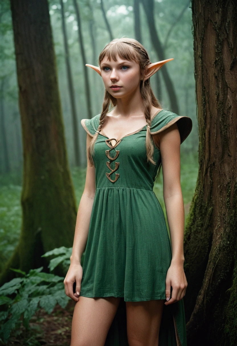 analog film photo, photo of a young elf girl, 18 years-old, elf, elf ears, long pointy ears, wet matted hair, sun-tanned complexion, pretty, natural beauty, tall, full hourglass figure, long legs, thick thighs, big butt, wearing a linen mini-dress, posing in a mystic forest, early morning, rainy weather, rainy, damp clothes, resembles Taylorr Swift, RAW Photograph, dslr, soft lighting, high quality, film grain, Fujifilm XT3, detailed skin with visible pores, insane details, masterpiece, 8k, 35mm photograph, dslr, kodachrome, faded film, desaturated, grainy, vintage, Lomography, stained, highly detailed, found footage, close-up shot, elven ears