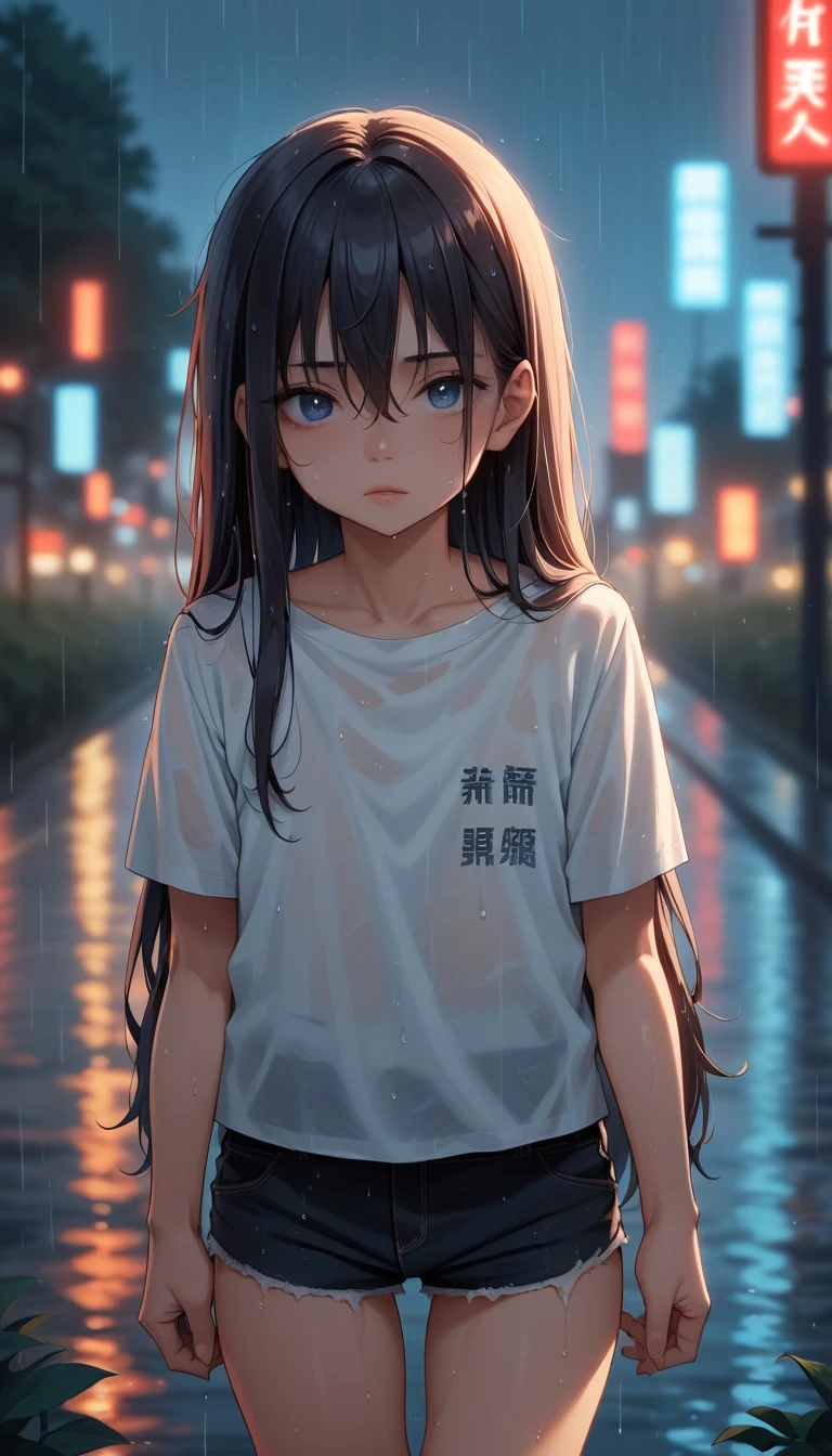 1girl,solo,long hair,Rough skin,(looking at viewer:1.2),wet hair,micro_shorts,dark,polaroid,(depth_of_field:1.5),rainy days,outdoors,street,hair between eyes,moody lighting,Tyndall effect,Cinematic Lighting,night,lamppost,lens flare,available light,rim light,glowing neon lights,curvy,chinese_style,