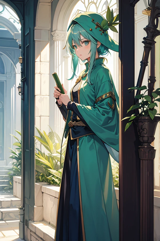 woman, sage, light dark green blue hair, mage style, mage clothes, mage hat