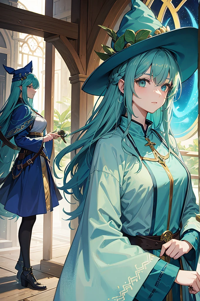 woman, sage, light dark green blue hair, mage style, mage clothes, mage hat