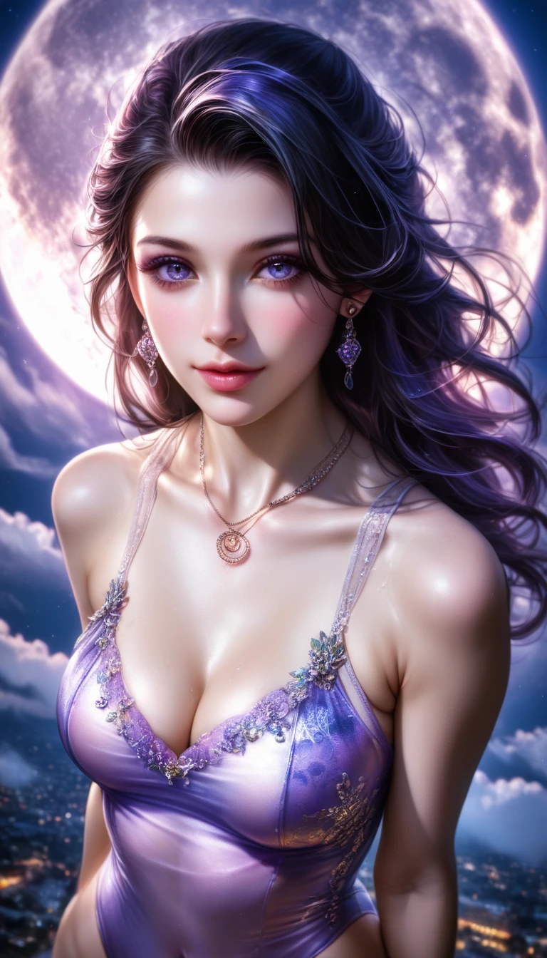 score_9, score_8_superior, score_7_superior, A masterpiece in 32K resolution,Highest quality,it is really amazing,Very detailed,Ultra-high resolution,(Ultra-realistic:1.5),(Realistic:1.5),Increased depth of field,Cinematic lighting,
Elegant adult Japanese woman,
Long black hair,Ultra-detailed and beautiful face,(Gentle expression:1.1),Translucent white skin,(Realistic skin texture:1.1),
(Sexy Swimwear:1.1),
Bold design,Artistic design,Beautiful and detailed pattern,Detailed fabric texture,
Gorgeous necklace,Earrings,
Coastline at night,(Giant Moon:1.1),(Dark clouds floating in the dark night sky:1.1),
High angle,