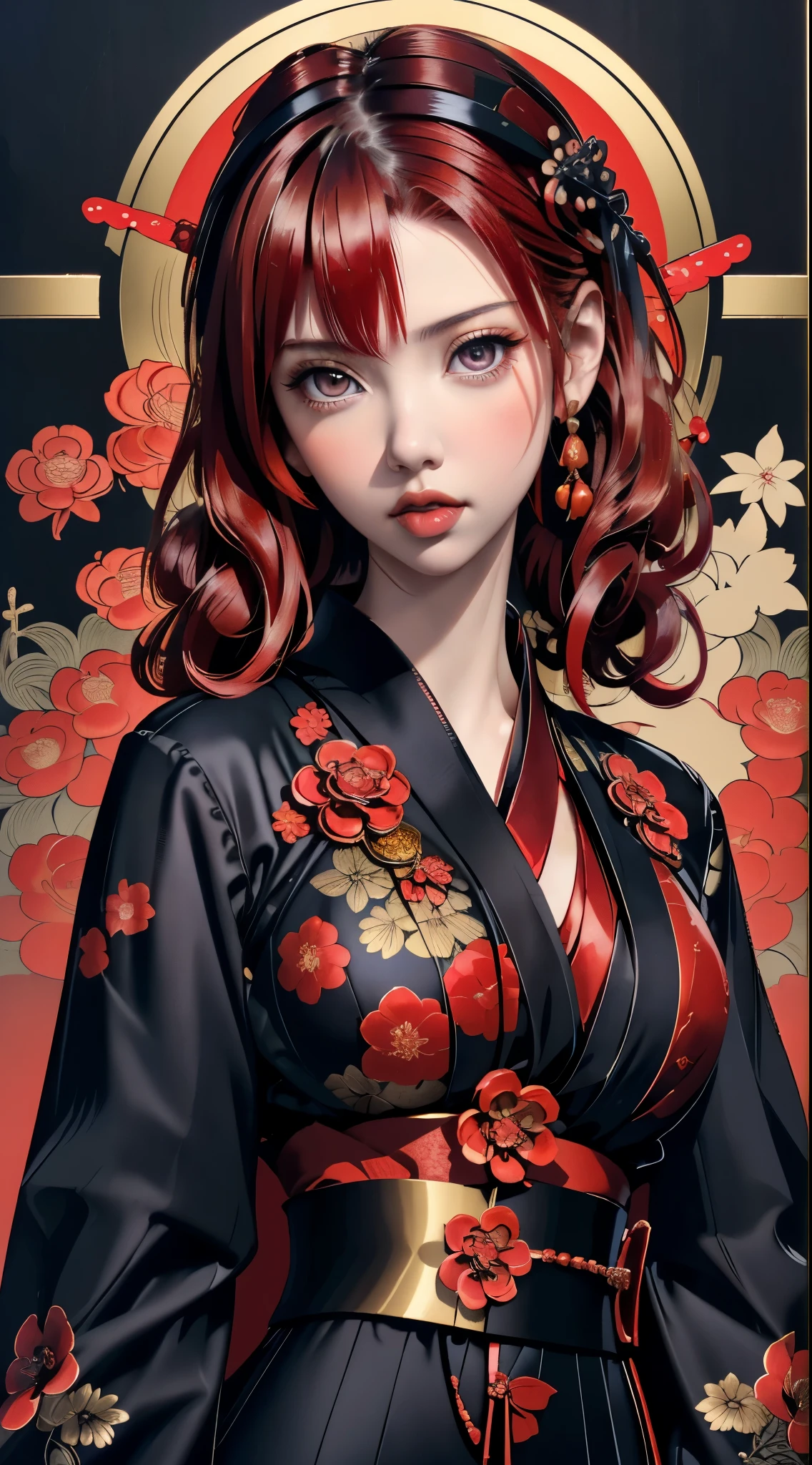 ((Scarlet Johansson)) black widow in a golden red kimono dress with a gold halo, japanese goddess, chie yoshii, elegant japanese woman, portrait of a beautiful geisha, intricate geisha kimono, japanese art style