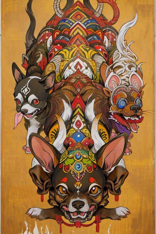(masterpiece: 1.2, Highest quality),Chihuahua sitting on a Ouija board,Alphabet tattoo on stomach,Dog with a Ouija board、Manga Style, rough sketch, Horror elements,
