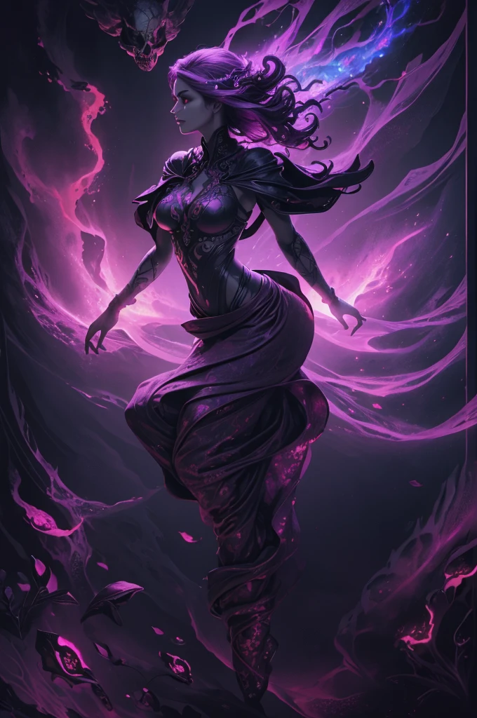 Woman body set large breasts(best quality, highres, ice skull:1.1), A girl with purple hair and a red cape, featuring a Dracula Orchid pattern. (best quality, ultra-detailed), (realistic), vibrant colors, intense lighting, lava-like texture, hauntingly beautiful composition, surreal atmosphere, contrasting dark shadows, mesmerizing glow, detailed facial features, flowing lava tendrils, fiery eyes, ethereal presence, intricate floral patterns, mysterious aura."