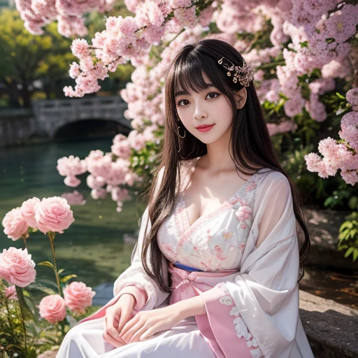 best quality, Delicate face,beautiful visual work, lifelike, eternity, black hair, Long curly hair, blunt bangs, Smile, Detailed Background, Delicate face,pink blush,cold,((masterpiece))、(top quality)、8k、high detail、Super detailed,21 years old female,Wearing Hanfu、Seductive and whimsical style、masterpiece、born、Scenes resembling fairy tale illustrations、intricate details和複雜的設計、Beautifully、magic、capricious、 Beautifully、Dream aesthetics、「𝓡𝓸𝓶𝓪𝓷𝓽𝓲𝓬、ethereal、charming、fickle、magic」、realism、Visual effects、FXAA、SSAO、Shader、voiceless、ambient lighting、Tone mapping、High resolution、Ultra high quality、Million pixels、(8K resolution:1.10)、8k、8k以下、8K resolution、high detail、intricate details, (high quality:1.2、masterpiece:1.2、:1.21)、(21 years old female:1.21)、(興奮地Smile)、(Surrounded by a dreamy atmosphere、Model diagram,full-body shot,Normal 2 feet,Don't show your fingers