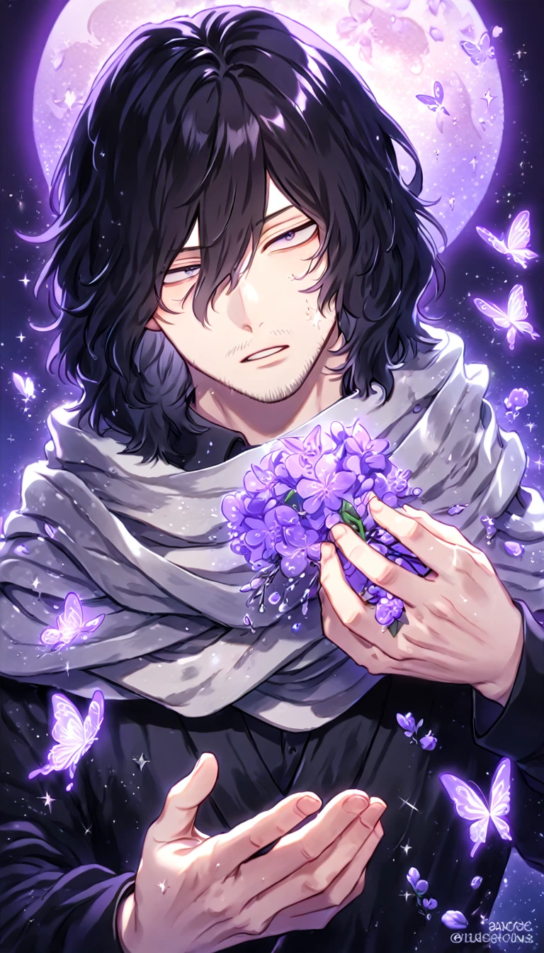 absurdres, highres, ultra detailed, HDR, master piece, best quality, Eraser Head, black hair, medium hair, faint beard, expressive gray eyes, Boku No Hero Academia, solo, sexy man, handsome, sensual, gray scarf, black clothes, water, fantasy, magical, shining, purple flowers, blossoms, purple petals, purple butterflies, sparkling, purple moon, starry sky