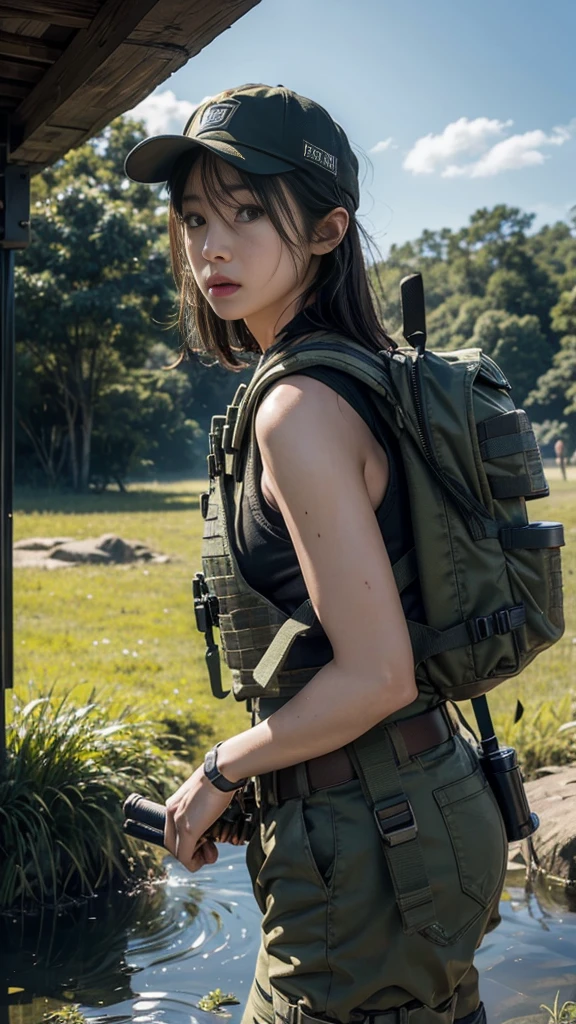 8k,Realistic Skin Texture、Superrealism、Realistic Photo、Japanese Women in the U.S. Army、Bulletproof vest、、Navigate the swamp as a team、Confused expression、backpack、cap、Heavy equipment、Dynamic action pose、A groundbreaking composition、Sweaty