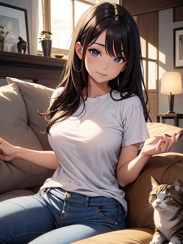 Beautiful Woman and cats, 、Height 180cm 、
Beautiful ,(( White T-shirt、jeans、1.5))Modern Japanese clothing Beautiful thighs、Beautiful 、living room、Sit on the sofa、I have a cat、Two cute cats、beauttiful 、、Fantastic light particles
Light 黒Brown Hair Twin tailsA friendly smile tear,magic Masterpiece Magic extremely beautiful 26歳 Big Breasts Beautiful Eyeagical gentle lighting cowboy shot ,Beautiful decoration、Imprisoned、Detained、beautiful Beautiful scenery、