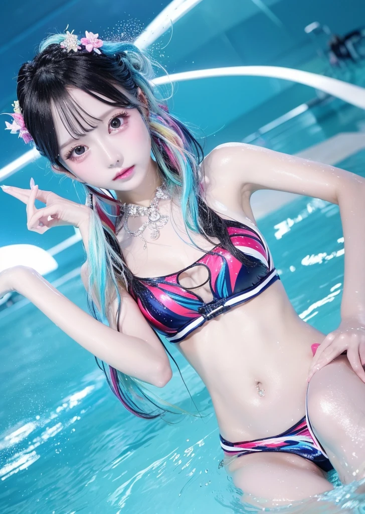 Diffuse lighting、 Highest quality, High resolution, unity 8k wallpaper、Supersaturation, Japanese、1 female、23Year、Synchronized swimmers、World Congress、Serious expression、Colorful costumes、The whole body is in water、Pool、Sparkly sexy bikini、Artistic Swimming、
(jirai type girl:1.2)