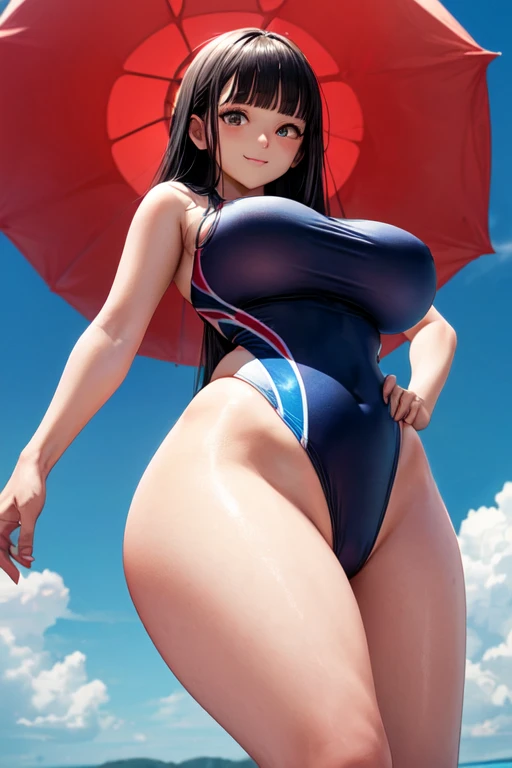 (((4K,masterpiece,Highest quality,Super detailed,High resolution))),(Daytime,sunny,Front light),((alone)),(Beautiful woman,Teen),(Black Hair,Long Hair,Blunt bangs,Straight hair),(Beautiful Face,Beautiful Eyes),(Detailed skin,Fair skin),A light smile,(One Piece Competition Swimsuit,Navy Swimwear),(Beautiful lake,Beautiful sky),(Huge breasts,Firm breasts,Big Hips),((Cowboy Shot,From below)),From behind,