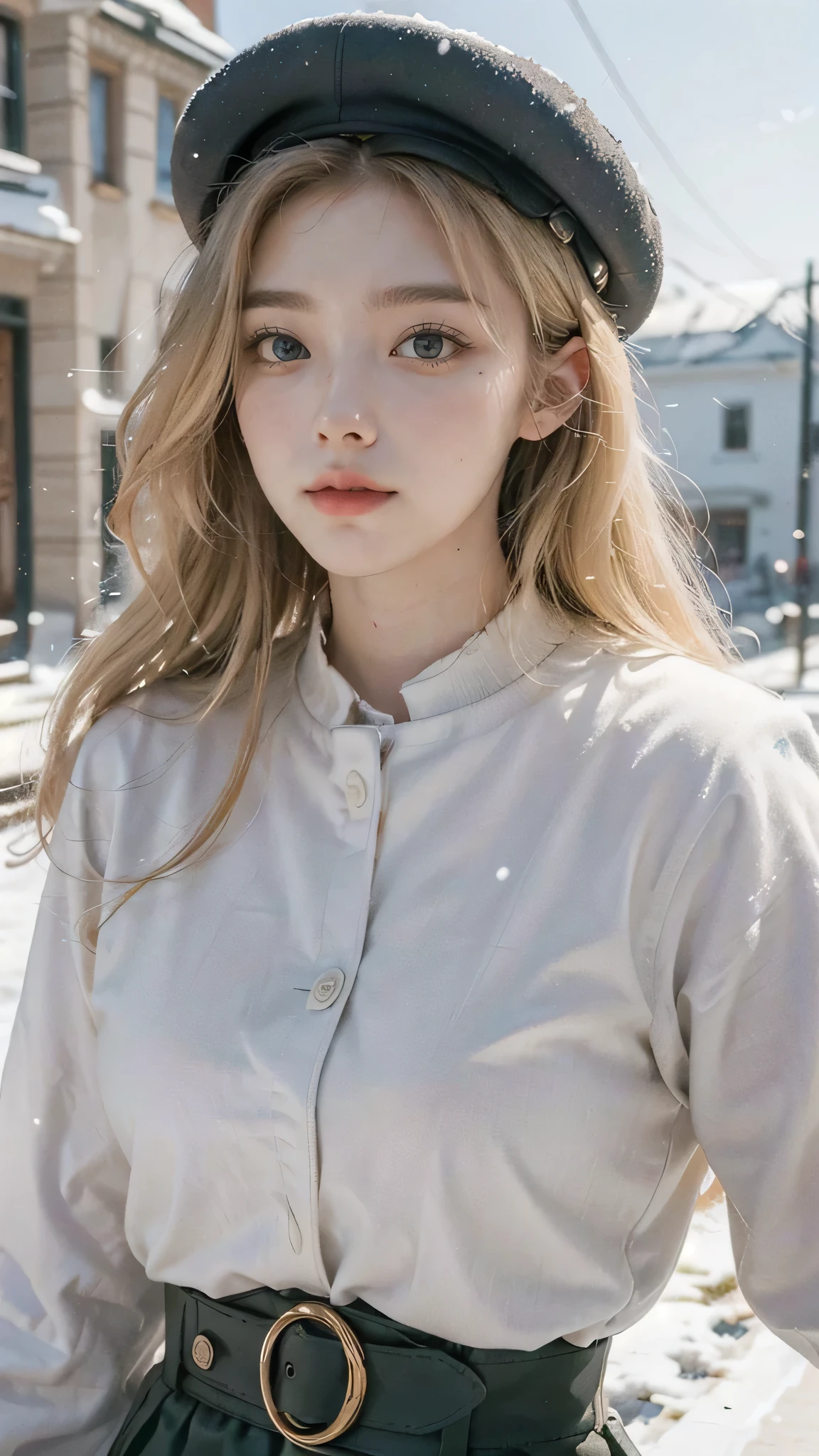 (best quality,4K,high resolution,masterpiece:1.4),Super detailed,Very detailed,sharp focus,Surreal:1.4,professional,HD images,bright colors,Bokeh,Beautiful and delicate eyes,Beautiful and delicate lips,long eyelashes,Romantic atmosphere,soft light,Contrast light and shadow,Lighting effects,high nose bridge,high nose，Yamane，young,Lively,Chubby cheeks,charming,graceful curves，Blonde hair，full，The streets of Moscow，European girl，Snowing day，Kremlin background，Wearing a red star cotton hat，Olive green military uniform