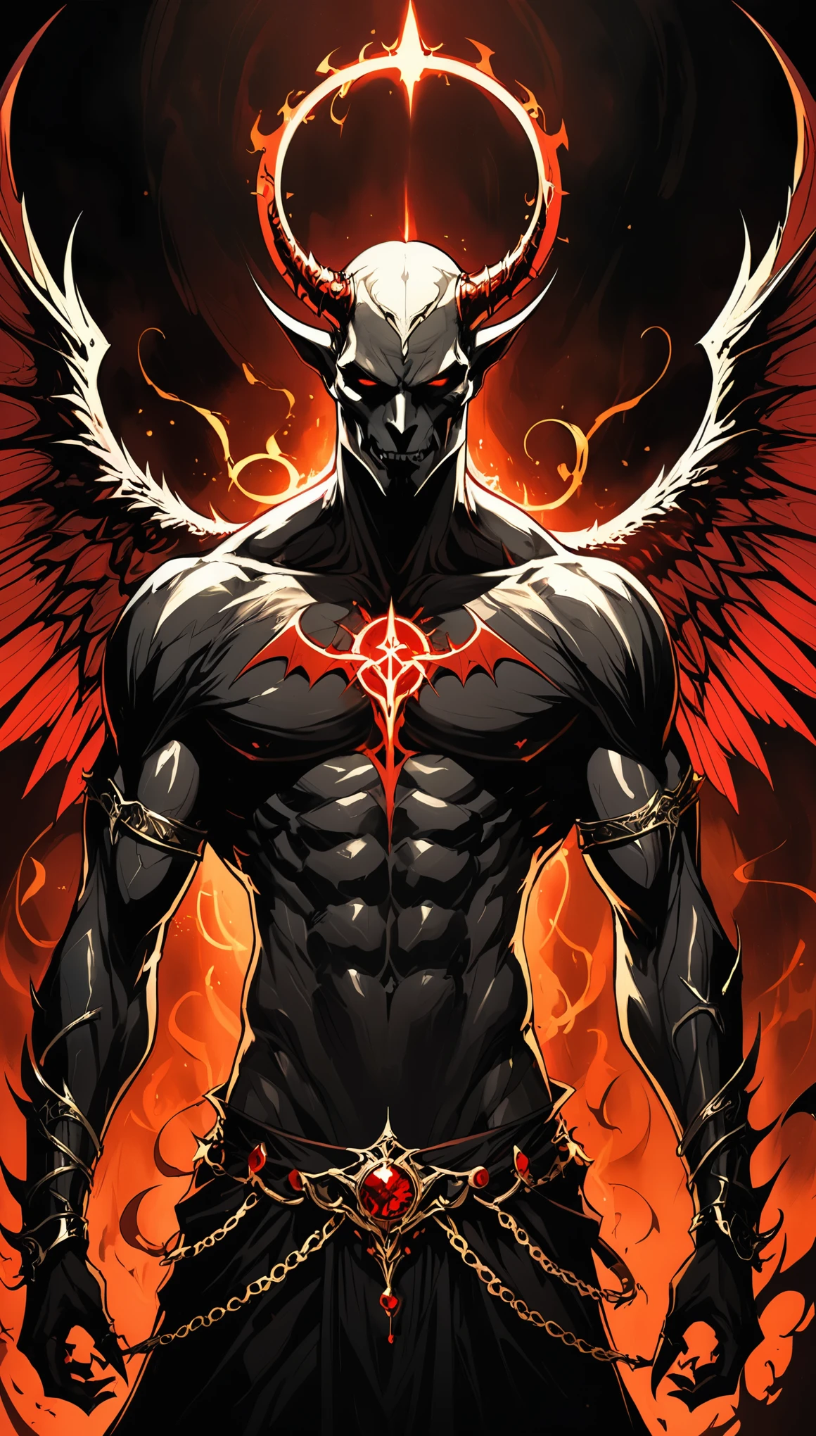 in style of Ben Templesmith
character concept design,half body,Satan,open wings,demon halo,glowing lighting,as the king of the strong body and delicate accessories with a strong style of death