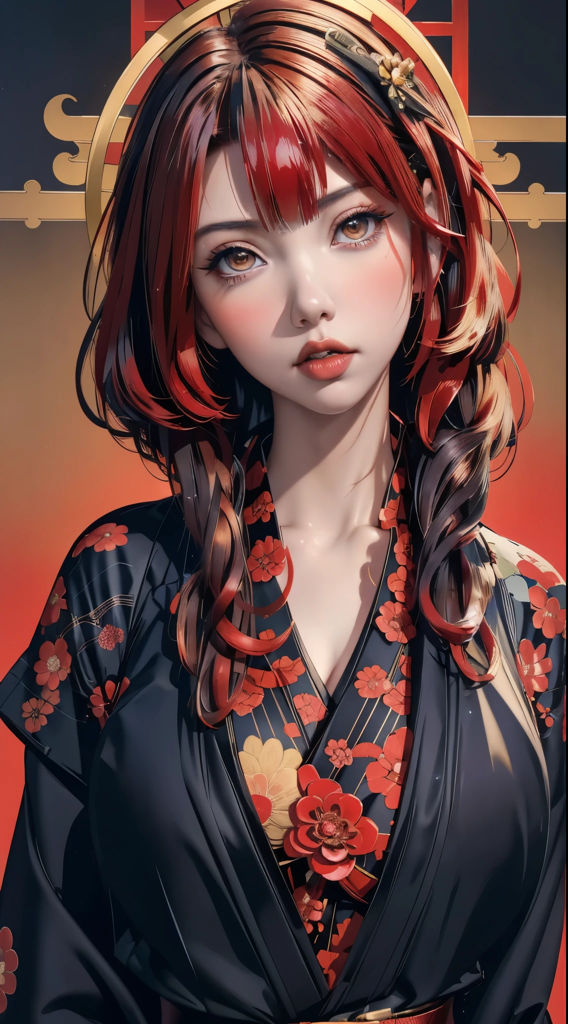 ((Scarlet Johansson)) black widow in a golden red kimono dress with a gold halo, japanese goddess, chie yoshii, elegant japanese woman, portrait of a beautiful geisha, intricate geisha kimono, japanese art style