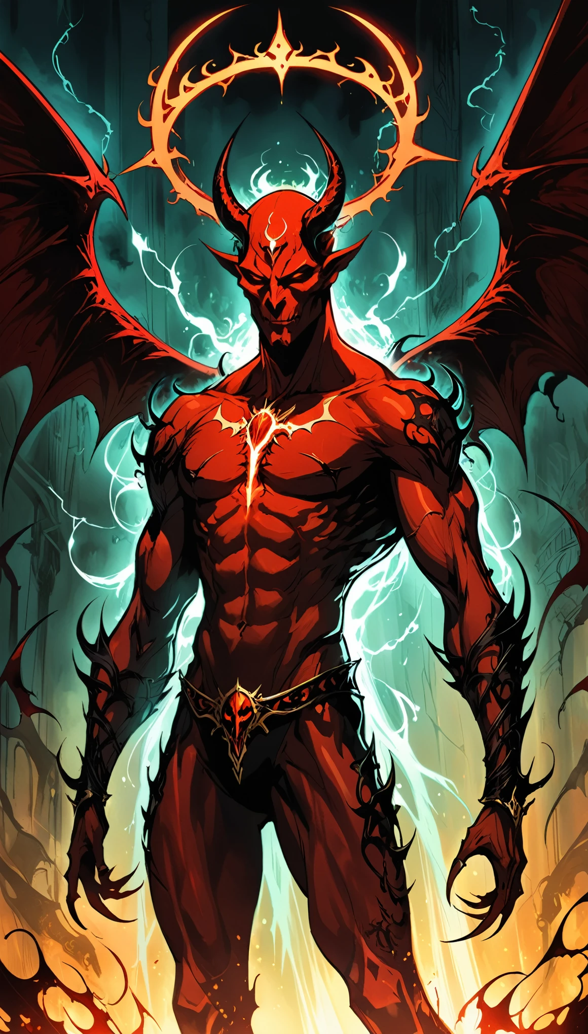 in style of Ben Templesmith
character concept design,half body,Satan,open wings,demon halo,glowing lighting,as the king of the strong body and delicate accessories with a strong style of death