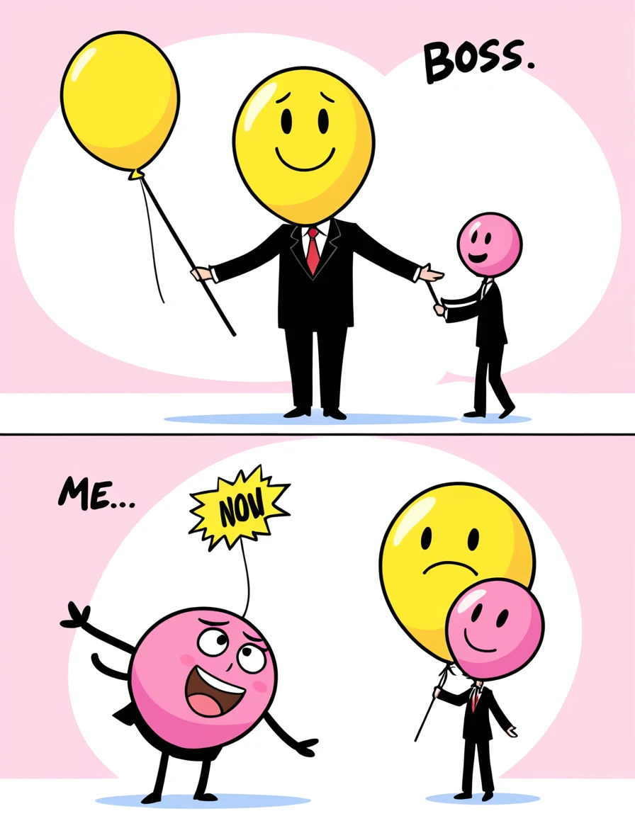 The image is a two-panel meme that humorously contrasts the behavior of a boss and an employee. In the top panel, a pink character with a surprised expression is seen reaching out to a yellow balloon labeled "Boss giving a raise" while a white stick figure with a content smile is in the background. The bottom panel shows the same pink character now with a weary expression, reaching out to the same white stick figure who is now labeled "Me" and "More Work" The meme uses minimalistic, cartoon-like figures and lacks any detailed background, focusing on the interaction between the characters.