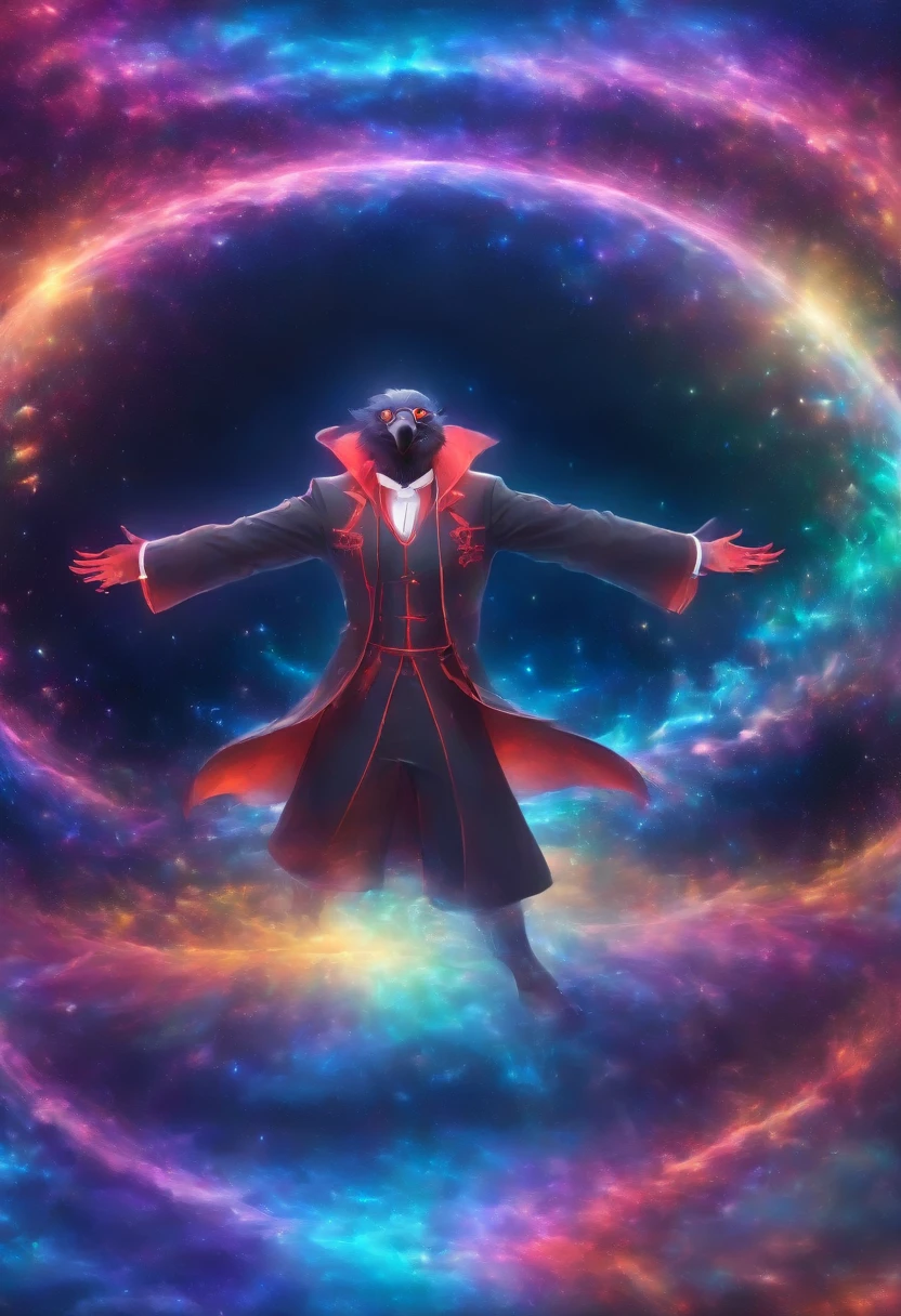 masterpiece,epic,corvid, smiling in a sadistic and disturbing way, priest's suit with red stripes, red vest under the trench coat, round red glasses, background of vapor waves,the universe in hands.