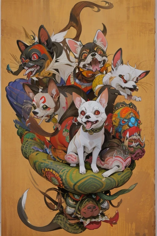 (masterpiece: 1.2, Highest quality),Chihuahua sitting on a Ouija board,Alphabet tattoo on stomach,Dog with a Ouija board、Manga Style, rough sketch, Horror elements,

