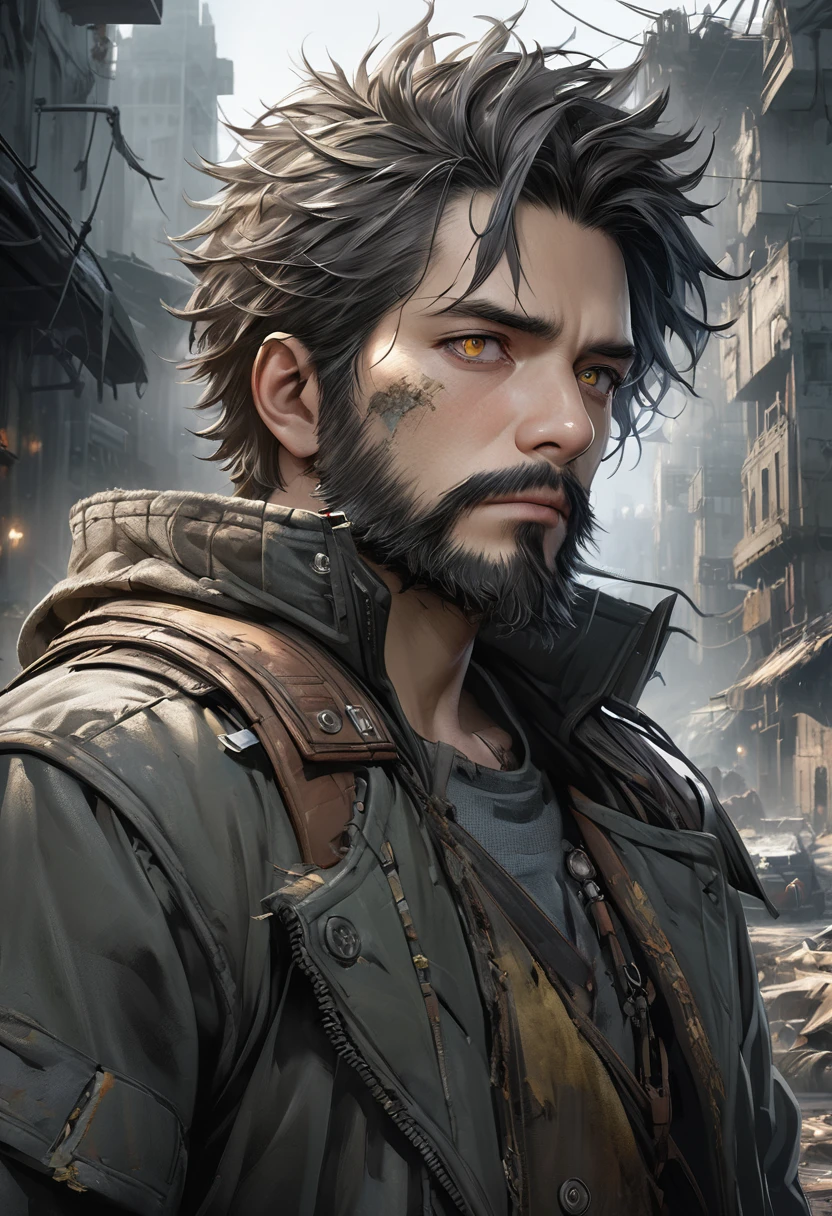 "official art", "Realistic Digital Painting with Concept Art Elements"," digital painting," "concept art," "realistic," , "detailed environment: , "high detail", "detailed face", "high-res", "ominous aura,", "8k resolution", "oil painting", "graded colors", "darker tone" , "little saturation" ,"professionally colored" , "dark feeling", "concept art" , "detailed features" , "detailed eyes", "cold eyes", "1man" , "upper body", "trailer background", "lean build" , "scruffy short hair" , "scruffy short beard" , "cigarette between lips" , "tattered clothing", "digital art" , "post-apocalyptic" ,"Ultra-detailed animation art and visual effects masters perfectly compose intricately detailed digital art" , "Correct and perfect anatomy"