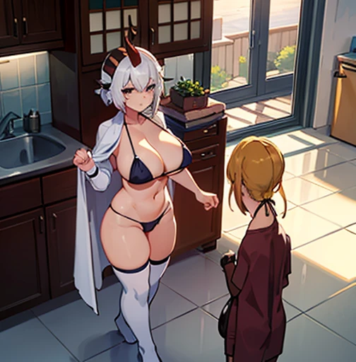 a woman in a bikini on the floor of her home with no clothes on, two women with black and white art in the background one woman has her hand up, bathing suit standing at the kitchen counter, a female character dressed in a robot suit with no panties, a girl is shown wearing a cape and stockings with horns on her head and wearing lewd underwear
