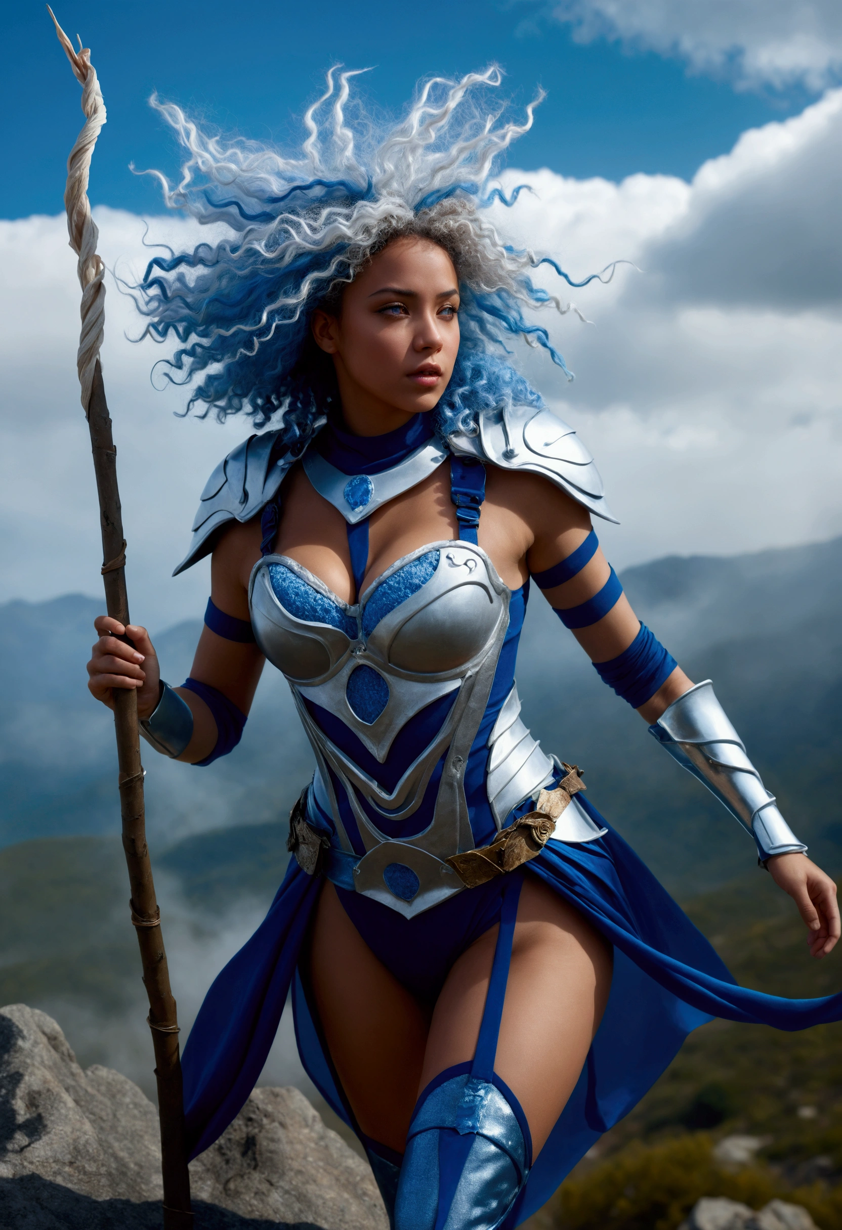 cinematic super HD ultra realistic photo, 8k, 3d, young woman with blue and white curly hair, with armor made of wind,on a mountain holding a stick, big wind around his body, costume made of wind represents the air, the shape of the costume is made of circular wind  transparent your body in the middle of a small hurricane ,in fighting position manipulating the air costume made with air element,wind fog leaving your body leaves rising like dust,clear skin on the body,blowing ,Huge  with cleavage wearing a garter bodice,Wind and fog around your body flying low floating , silver armor with blue leather details and fishnets, large voluminous  