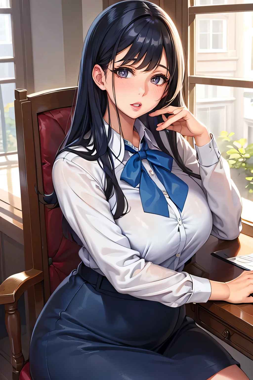 "(A perfect masterpiece:1.2), (Best Quality:1.2), A stunning face, girl uniform, Mature and fat, Large pupils, Bright Eyes, compensate, Long and luxurious eyelashes, Fuller lips, Irresistible charisma."