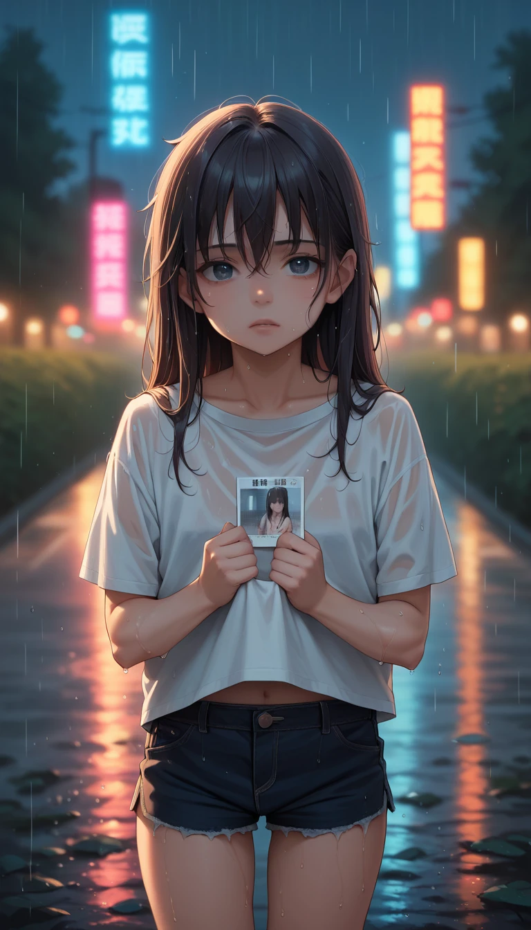 1girl,solo,long hair,Rough skin,(looking at viewer:1.2),wet hair,micro_shorts,dark,polaroid,(depth_of_field:1.5),rainy days,outdoors,street,hair between eyes,moody lighting,Tyndall effect,Cinematic Lighting,night,lamppost,lens flare,available light,rim light,glowing neon lights,curvy,chinese_style,cry，