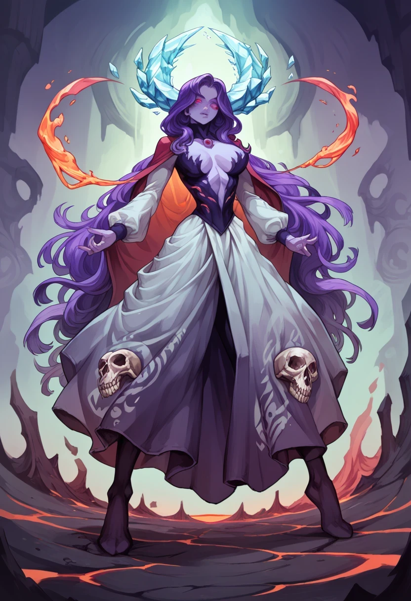 Woman body set large breasts(best quality, highres, ice skull:1.1), A girl with purple hair and a red cape, featuring a Dracula Orchid pattern. (best quality, ultra-detailed), (realistic), vibrant colors, intense lighting, lava-like texture, hauntingly beautiful composition, surreal atmosphere, contrasting dark shadows, mesmerizing glow, detailed facial features, flowing lava tendrils, fiery eyes, ethereal presence, intricate floral patterns, mysterious aura."