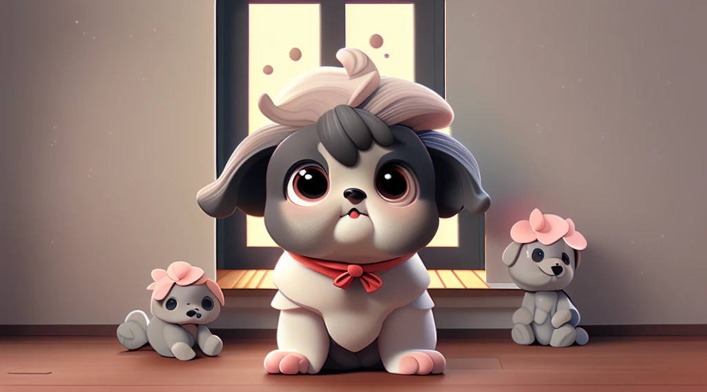 A curious little black Shih Tzu puppy with sparkling eyes, Look out the window of the house.