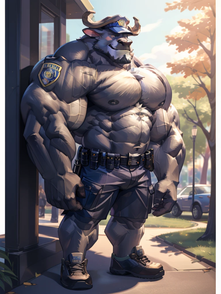 Solo, 1boy, perfect anatomy, perfect proportion, (chief bogo, police, police hat, park), topless, perfect center, sharp eyes, big eyes, peaceful, eyes, (smile, happiness), calm, perfect fingers, big hand, fingers. Huge Muscular Old man with short hair, shoes, (cargo shorts), view from side, pectoral, thick arms, huge pectoral, wide pectoral, white hair, white beards, simple background, masterpiece, semirealistic:1.2, high detailed, 8k, high resolution, perfect center, full view. ((really big muscle, massive muscular, sixpack, thick arms, wide pectoral, super huge muscle, hyper muscular, over sized muscle, huge arms, big arms, huge pectoral))