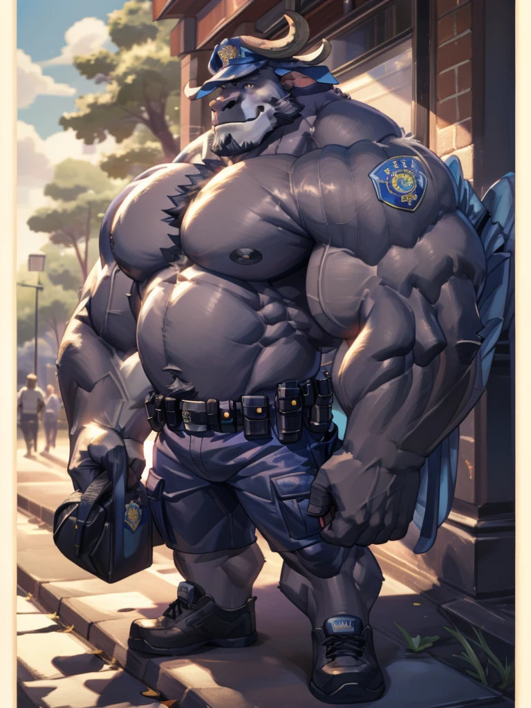 Solo, 1boy, perfect anatomy, perfect proportion, (chief bogo, police, police hat, park), topless, perfect center, sharp eyes, big eyes, peaceful, eyes, (smile, happiness), calm, perfect fingers, big hand, fingers. Huge Muscular Old man with short hair, shoes, (cargo shorts), view from side, pectoral, thick arms, huge pectoral, wide pectoral, white hair, white beards, simple background, masterpiece, semirealistic:1.2, high detailed, 8k, high resolution, perfect center, full view. ((really big muscle, massive muscular, sixpack, thick arms, wide pectoral, super huge muscle, hyper muscular, over sized muscle, huge arms, big arms, huge pectoral))